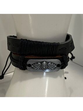 Handcrafted Leather 2 Bracelets set  With Eagle open wings Emblem & Adjustable